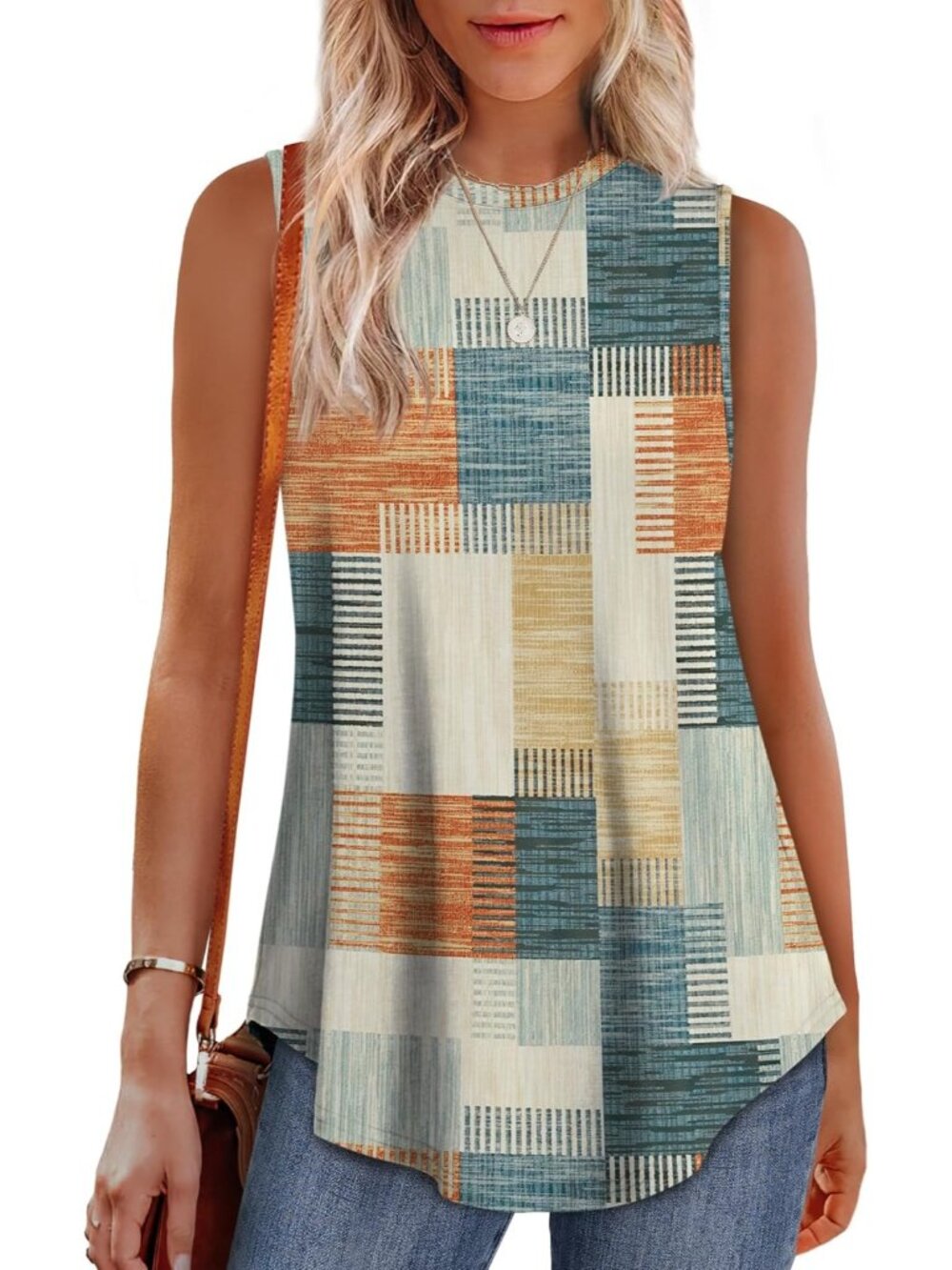 Women's Square Pattern High Neck Tank Loose Fit Sleeveless Summer Tunic Tops